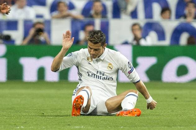 Cristiano Ronaldo of Real Madrid reacts during the match of Champions League between Real Madrid and FC Bayern Munchen at Santiago Bernabeu Stadium in Madrid, Spain. April 18, 2017.  (20170418035)