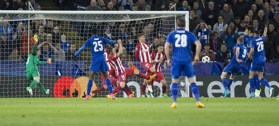 April 18th 2017, Leicester, England, UEFA Champions League football quarter-final, Leicester City versus Atletico Madrid; Jamie Vardy of Leicester City scores in the 61st minute to equalise (1-1) xRolandxHarrisonx  ActionPlus11869626