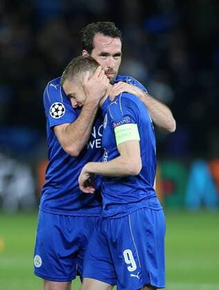 Leicester s Jamie Vardy and Christian Fuchs look on dejected at the final whistle during the Champions League Quarter-Final 2nd leg match at the King Power Stadium, Leicester. Picture date: April 18th, 2017. Pic credit should read: David Klein Sportimage EDITORIAL USE ONLY. No use with unauthorised audio, video, data, fixture lists, club league logos or live services. Online in-match use limited to 120 images, no video emulation. No use in betting, games or single club league player publications.