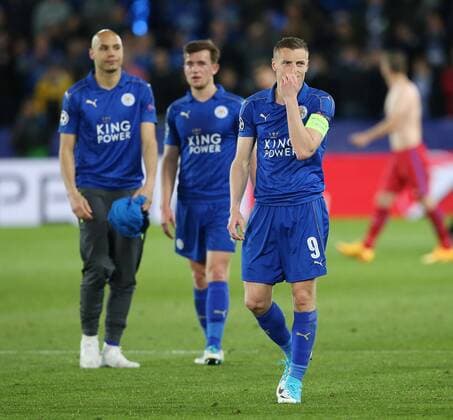 Leicester s Jamie Vardy looks on dejected at the final whistle during the Champions League Quarter-Final 2nd leg match at the King Power Stadium, Leicester. Picture date: April 18th, 2017. Pic credit should read: David Klein Sportimage EDITORIAL USE ONLY. No use with unauthorised audio, video, data, fixture lists, club league logos or live services. Online in-match use limited to 120 images, no video emulation. No use in betting, games or single club league player publications.