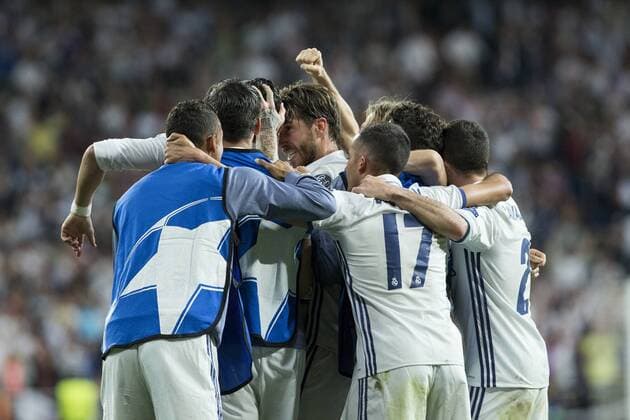 Cristiano Ronaldo, Luka Modric of Real Madrid celebrates after scoring a goal during the match of Champions League between Real Madrid and FC Bayern Munchen at Santiago Bernabeu Stadium in Madrid, Spain. April 18, 2017.  (20170418111)