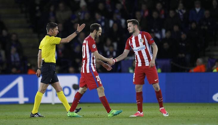 Partido de vuelta de cuartos de final de la Liga de Campeones entre el Leicester y el Atletico. En la imagen, Juanfran y Saul. 1 8 second leg match of Champions League between Leicester and Atletico. In this picture, Juanfran y Saul. xÃngelxRiverox 