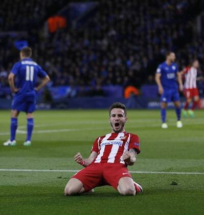 Partido de vuelta de cuartos de final de la Liga de Campeones entre el Leicester y el Atletico. En la imagen, Saul celebra el primer tanto del Atletico. 1 8 second leg match of Champions League between Leicester and Atletico. In this picture, Saul celebrates first goal for Atletico. xÃngelxRiverox 