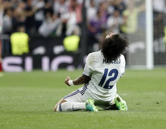 Partido de vuelta de cuartos de final de la Liga de Campeones entre el Real Madrid y el Bayern. En la imagen, Marcelo. Second leg match of Champions League quarterfinals between Real Madrid and Bayern. In this picture, Marcelo. xJOSExA.xGARCIAx 