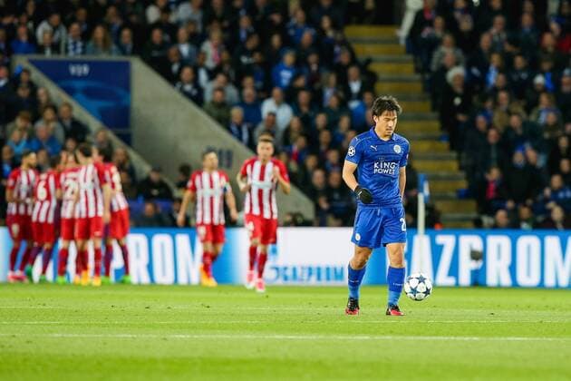 Shinji Okazaki (Leicester), APRIL 18, 2017 - Football Soccer : Shinji Okazaki of Leicester City reacts as Saul Niguez of Atletico Madrid scores a goal to make it 0-1 during the UEFA Champions League Quarter-final match between Leicester City and Atletico Madrid at King Power Stadium in Leicester, England. Noxthirdxpartyxsales  (mdga014283)
