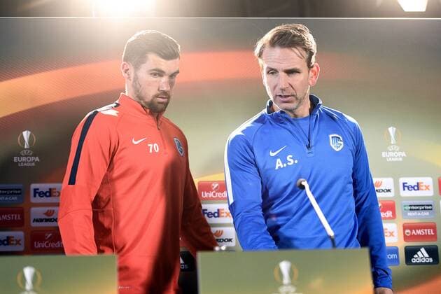 Genk s goalkeeper Mathew Ryan and Genk s head coach Albert Stuivenberg pictured before the start of a press conference PK Pressekonferenz of Belgian soccer team RC Genk, Wednesday 19 April 2017, in Genk. Tomorrow Genk is playing the return leg of quarterfinals against Spanish team Celta Vigo in the Europa League competition. YORICKxJANSENS  x05083444x