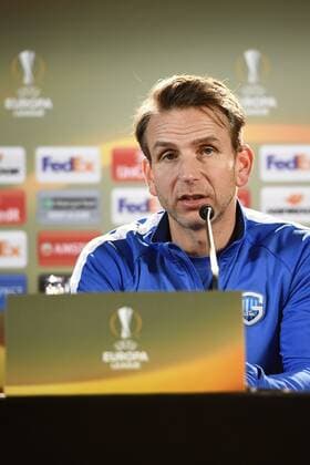 Genk s head coach Albert Stuivenberg pictured during a press conference PK Pressekonferenz of Belgian soccer team RC Genk, Wednesday 19 April 2017, in Genk. Tomorrow Genk is playing the return leg of quarterfinals against Spanish team Celta Vigo in the Europa League competition. YORICKxJANSENS  x05083432x