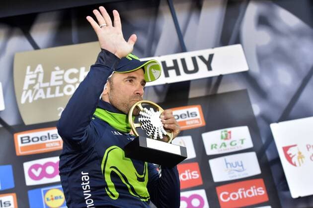 HUY, BELGIUM - APRIL 19 : VALVERDE BELMONTE Alejandro (ESP) Rider of Movistar Team celebrates his fifth victory during the Ardennes Classics cycling race Fleche Wallonne with start in Binche and finish in Huy on April 19, 2017 in Huy, Belgium, 19 04 2017 CYCLISME : Classique La Fleche Wallone - Huy - 19 04 2017 PhotoNews Panoramic 