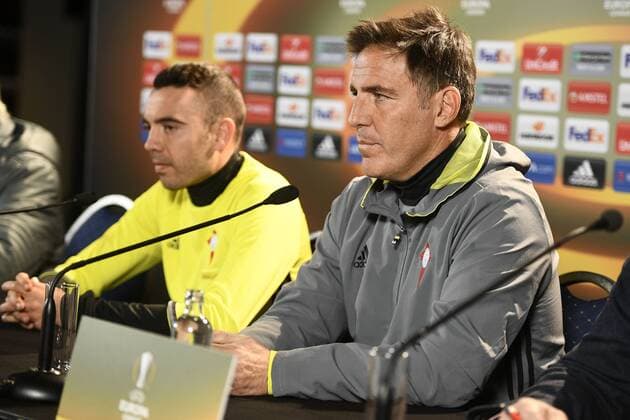 Celta s Iago Aspas and Celta s head coach Italian Eduardo Berizzo pictured during a press conference PK Pressekonferenz of Spanish soccer team Celta Vigo, Wednesday 19 April 2017, in Genk. Tomorrow Genk is playing the return leg of quarterfinals against Spanish team Celta Vigo in the Europa League competition. YORICKxJANSENS  x05083709x