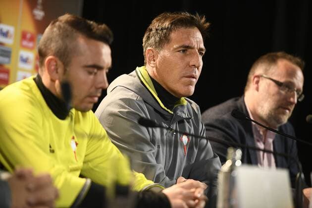 Celta s Iago Aspas and Celta s head coach Italian Eduardo Berizzo pictured during a press conference PK Pressekonferenz of Spanish soccer team Celta Vigo, Wednesday 19 April 2017, in Genk. Tomorrow Genk is playing the return leg of quarterfinals against Spanish team Celta Vigo in the Europa League competition. YORICKxJANSENS  x05083703x