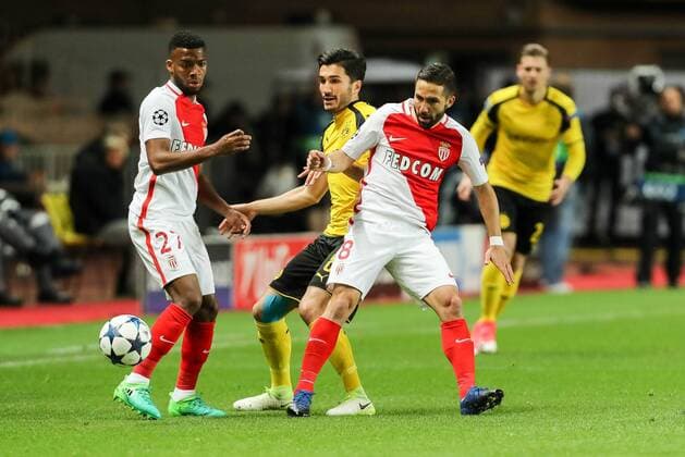 Monaco, Spain 19.04.2017, UEFA Champions League - 2016 17 Season, Quarter Final: Second leg, AS Monaco - BV Borussia Dortmund, Thomas Lemar (MCO) Joao Moutinho (MCO) und Nuri Sahin (BVB) im Zweikampf ( DeFodi048