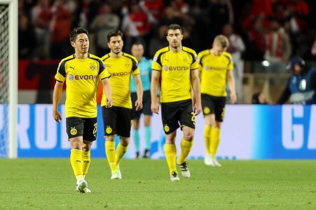 Monaco, Spain 19.04.2017, UEFA Champions League - 2016 17 Season, Quarter Final: Second leg, AS Monaco - BV Borussia Dortmund, Shinji Kagawa (BVB) Nuri Sahin (BVB) Sokratis (BVB) enttaeuscht, enttaeuschung ( DeFodi048