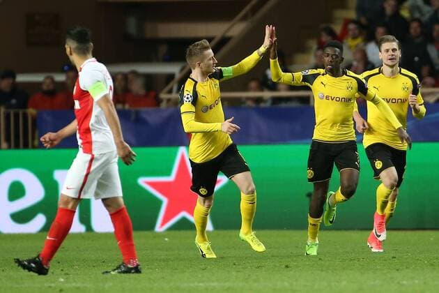Marco Reus (Borussia Dortmund 11) Ousmane Dembele (Borussia Dortmund 7) nach dem 2:1, AS Monaco vs. Borussia Dortmund, UEFA Champions League, Viertelfinale, Fussball, 19.04.2017, Monaco Copyright: xLanger Eibner-Pressefotox EP_HLR