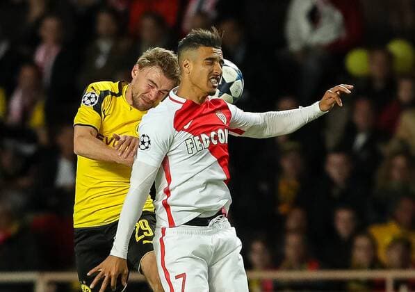 Monaco, Spain 19.04.2017, UEFA Champions League - 2016 17 Season, Quarter Final: Second leg, AS Monaco - BV Borussia Dortmund, Marcel Schmelzer (BVB) und Nabil Dirar (MCO) im Zweikampf ( DeFodi048
