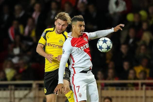 Monaco, Spain 19.04.2017, UEFA Champions League - 2016 17 Season, Quarter Final: Second leg, AS Monaco - BV Borussia Dortmund, Marcel Schmelzer (BVB) und Nabil Dirar (MCO) im Zweikampf ( DeFodi048