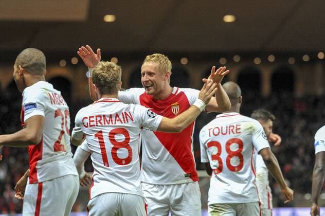 Joie AS Monaco - Kamil Glick (AS Monaco) - Valere Germain (AS Monaco) FOOTBALL : Monaco vs Borussia Dortmund - Ligue des Champions - 19 04 2017 NorbertScanella Panoramic 