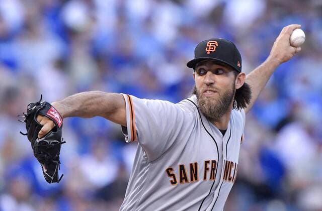April 19, 2017 - Kansas City, MO, USA - San Francisco Giants starting pitcher Madison Bumgarner throws in the first inning against the Kansas City Royals at Kauffman Stadium in Kansas City, Mo., on Wednesday, April 19, 2017. San Francisco at Kansas City - ZUMAm67_ 20170419_zaf_m67_009 Copyright: xJohnxSleezerx
