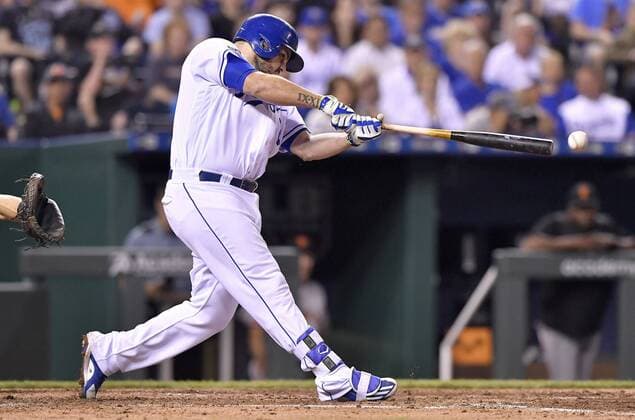April 19, 2017 - Kansas City, MO, USA - The Kansas City Royals Mike Moustakas connects on an RBI single to score Paulo Orlando in the fifth inning against the San Francisco Giants at Kauffman Stadium in Kansas City, Mo., on Wednesday, April 19, 2017. San Francisco at Kansas City - ZUMAm67_ 20170419_zaf_m67_034 Copyright: xJohnxSleezerx