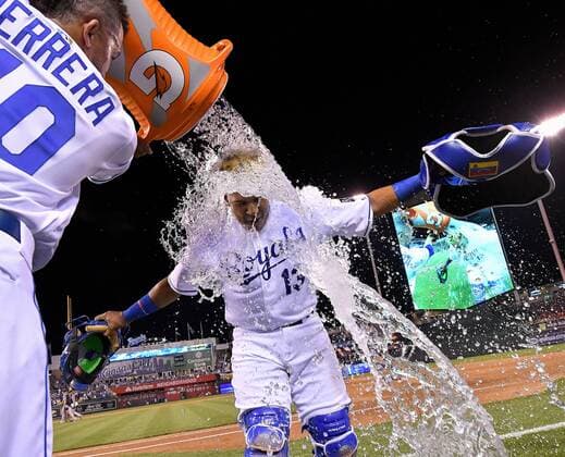 April 19, 2017 - Kansas City, MO, USA - Kansas City Royals relief pitcher Kelvin Herrera douses Salvador Perez after the team s 2-0 win against the San Francisco Giants at Kauffman Stadium in Kansas City, Mo., on Wednesday, April 19, 2017. The Royals won, 2-0. San Francisco at Kansas City - ZUMAm67_ 20170419_zaf_m67_044 Copyright: xJohnxSleezerx