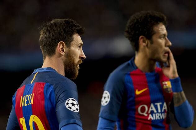 (170420) -- BARCELONA, April 20, 2017 -- Barcelona s Lionel Messi (L) and Neymar react during the UEFA Champions League quarter final second leg match between FC Barcelona Barca and Juventus FC at the Camp Nou Stadium in Barcelona, Spain, April 19, 2017. The match ended 0-0 tie. Juventus advanced to the semifinal with 3-0 on aggregate. ) (SP)SPAIN-BARCELONA-SOCCER-CHAMPION S LEAGUE-BARCELONA VS JUVENTUS LinoxDexVallier 