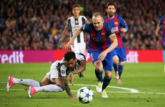 April 19, 2017 - Barcelona, Spain - Andres Iniesta and Dani Alves during UEFA Champions League match between F.C. Barcelona v Juventus, in Barcelona, on April 19, 2017. FC Barcelona Barca v Juventus - UEFA Champions League Quarter Final: Second Leg  - ZUMAn230 20170419_zaa_n230_285 Copyright: xJoanxVallsx