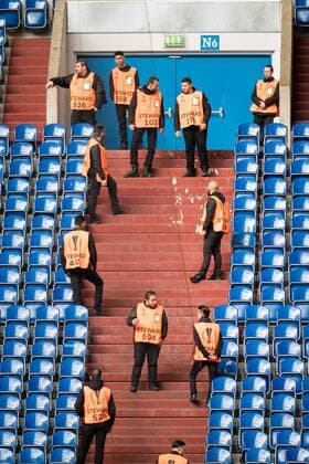 stewards on the standsduring the UEFA Europa League quarter final match between Schalke 04 and Ajax Amsterdam on April 20, 2017 at the Veltins-Arena in Gelsenkirchen, Germany. Schalke 04 v Ajax UEFA Europa League 2016 2017 xVIxRonaldxBonestrooxfotografiexIVx 7614402