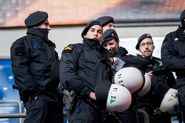 Police on the standsduring the UEFA Europa League quarter final match between Schalke 04 and Ajax Amsterdam on April 20, 2017 at the Veltins-Arena in Gelsenkirchen, Germany. Schalke 04 v Ajax UEFA Europa League 2016 2017 xVIxRonaldxBonestrooxfotografiexIVx 7614403
