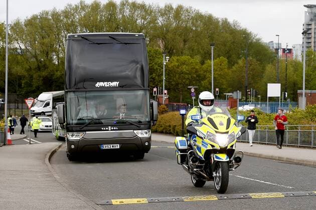 The Manchester United ManU team coach arrives with police escort before the UEFA Europa League Quarter Final 2nd Leg match at Old Trafford, Manchester. Picture date: April 20th, 2017. Pic credit should read: Matt McNulty Sportimage EDITORIAL USE ONLY. No use with unauthorised audio, video, data, fixture lists, club league logos or live services. Online in-match use limited to 120 images, no video emulation. No use in betting, games or single club league player publications.
