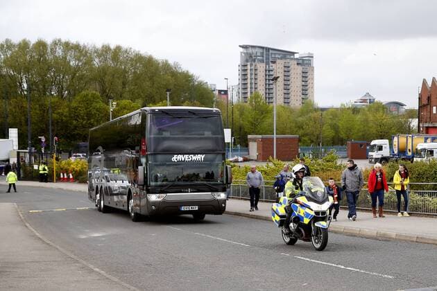 The Anderlecht team coach arrives with police escort before the UEFA Europa League Quarter Final 2nd Leg match at Old Trafford, Manchester. Picture date: April 20th, 2017. Pic credit should read: Matt McNulty Sportimage EDITORIAL USE ONLY. No use with unauthorised audio, video, data, fixture lists, club league logos or live services. Online in-match use limited to 120 images, no video emulation. No use in betting, games or single club league player publications.