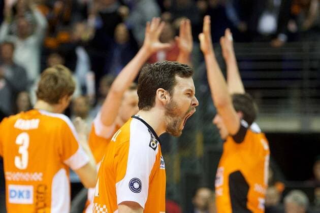 Volleyball Berlin 20.04.2017 DVL 1. Bundesliga Saison 2016 2017 Playoffs Halbfinale Spiel 3 Berlin Recycling Volleys - United Volleys Rhein-Main Frankfurt Jubel Berlin Steven Marshall (Berlin, No.02)