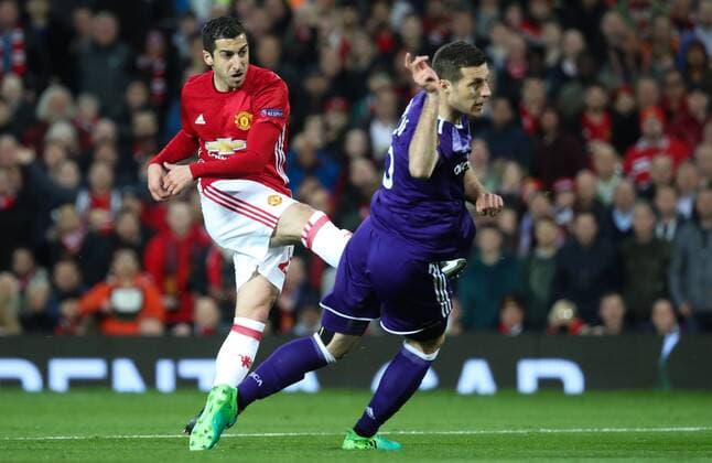 Manchester s Henrikh Mkhitaryan scoring the 1-0 goal during the return leg game of the quarterfinals of the Europa League competition between UK team Manchester United ManU and Belgian soccer team RSC Anderlecht in Manchester, UK, Thursday 20 April 2017. First leg ended on a draw result 1-1 in Belgium. VIRGINIExLEFOUR  x05084077x