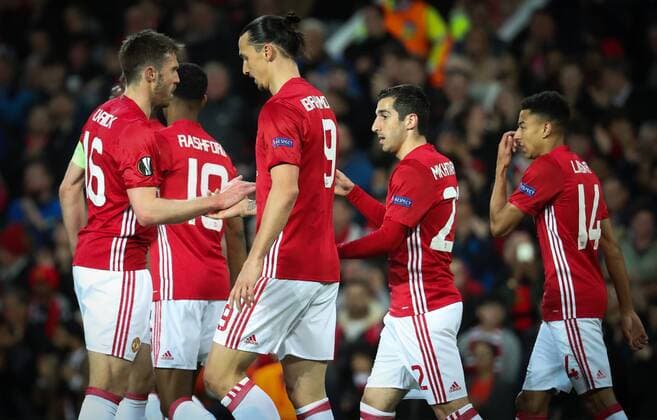 Manchester s Henrikh Mkhitaryan celebrates after scoring during the return leg game of the quarterfinals of the Europa League competition between UK team Manchester United ManU and Belgian soccer team RSC Anderlecht in Manchester, UK, Thursday 20 April 2017. First leg ended on a draw result 1-1 in Belgium. VIRGINIExLEFOUR  x05084072x