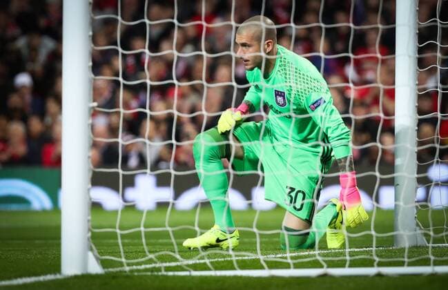 Anderlecht s goalkeeper Ruben Martinez looks dejected during the return leg game of the quarterfinals of the Europa League competition between UK team Manchester United ManU and Belgian soccer team RSC Anderlecht in Manchester, UK, Thursday 20 April 2017. First leg ended on a draw result 1-1 in Belgium. VIRGINIExLEFOUR  x05084090x