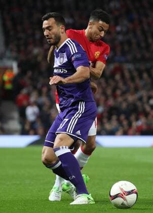 Anderlecht s Ivan Obradovic and Manchester s Jesse Lingard fight for the ball during the return leg game of the quarterfinals of the Europa League competition between UK team Manchester United ManU and Belgian soccer team RSC Anderlecht in Manchester, UK, Thursday 20 April 2017. First leg ended on a draw result 1-1 in Belgium. VIRGINIExLEFOUR  x05084091x