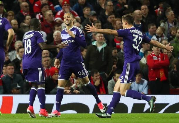 Anderlecht s Sofiane Hanni celebrates after scoring during the return leg game of the quarterfinals of the Europa League competition between UK team Manchester United ManU and Belgian soccer team RSC Anderlecht in Manchester, UK, Thursday 20 April 2017. First leg ended on a draw result 1-1 in Belgium. VIRGINIExLEFOUR  x05084116x