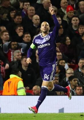 Anderlecht s Sofiane Hanni celebrates after scoring during the return leg game of the quarterfinals of the Europa League competition between UK team Manchester United ManU and Belgian soccer team RSC Anderlecht in Manchester, UK, Thursday 20 April 2017. First leg ended on a draw result 1-1 in Belgium. VIRGINIExLEFOUR  x05084117x