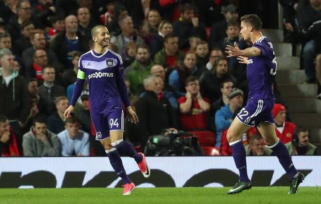 Anderlecht s Sofiane Hanni celebrates after scoring during the return leg game of the quarterfinals of the Europa League competition between UK team Manchester United ManU and Belgian soccer team RSC Anderlecht in Manchester, UK, Thursday 20 April 2017. First leg ended on a draw result 1-1 in Belgium. VIRGINIExLEFOUR  x05084115x