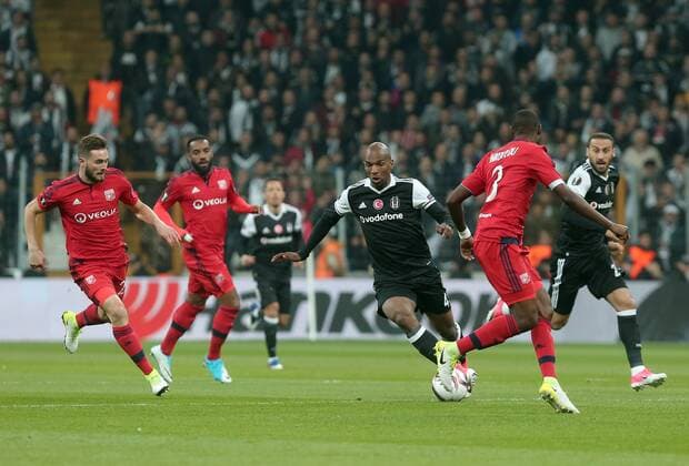Besiktas s Ryan Babel and Olympique Lyon s Lucas Tousart during UEFA Europa League second leg quarter final football match between Besiktas and Olympique Lyon on April 20, 2017, at the Vodafone arena stadium in Istanbul. (  Copyright: TolgaxAdanali 15675838