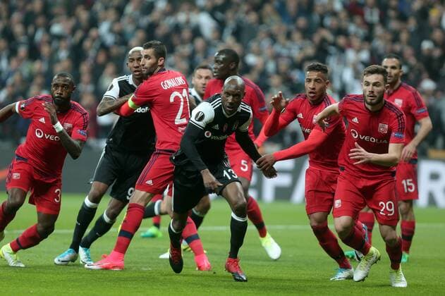 Besiktas s Atiba Hutchinson and Olympique Lyon s Lucas Tousart during UEFA Europa League second leg quarter final football match between Besiktas and Olympique Lyon on April 20, 2017, at the Vodafone arena stadium in Istanbul. (  Copyright: TolgaxAdanali 15675846