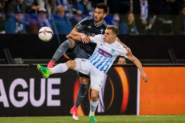 (L-R) Gustavo Cabral of RC Celta de Vigo, Leandro Trossard of KRC Genkduring the UEFA Europa League quarter final match between KRC Genk and Celta de Vigo on April 20, 2017 at the Luminus Arena in Genk, Belgium KRC Genk v Celta de Vigo UEFA Europa League 2016 2017 xVIxGerritxvanxKeulenxIVx 7615363