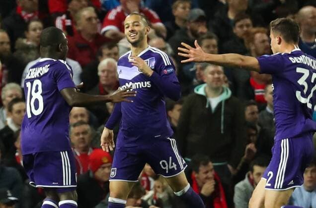 Anderlecht s Sofiane Hanni celebrates after scoring during the return leg game of the quarterfinals of the Europa League competition between UK team Manchester United ManU and Belgian soccer team RSC Anderlecht in Manchester, UK, Thursday 20 April 2017. First leg ended on a draw result 1-1 in Belgium. VIRGINIExLEFOUR  x05084158x