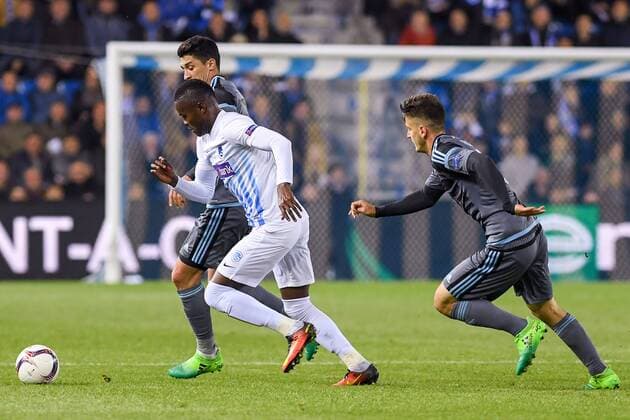 Genk s Mwbana Ally Samatta fights for the ball during the return leg of quarterfinals in the Europa League competition between Belgian soccer team RC Genk and Spanish team Celta Vigo, Thursday 20 April 2017, in Genk. First leg ended on a 2-3 result in Spain. LUCxCLAESSEN  x05084152x