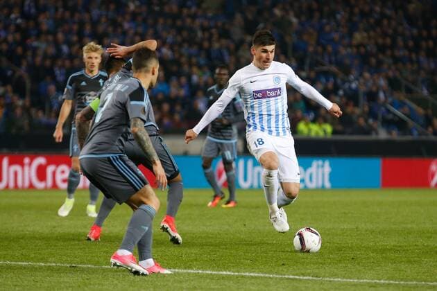 Genk s Ruslan Malinovsky pictured in action during the return leg of quarterfinals in the Europa League competition between Belgian soccer team RC Genk and Spanish team Celta Vigo, Thursday 20 April 2017, in Genk. First leg ended on a 2-3 result in Spain. BRUNOxFAHY  x05084164x