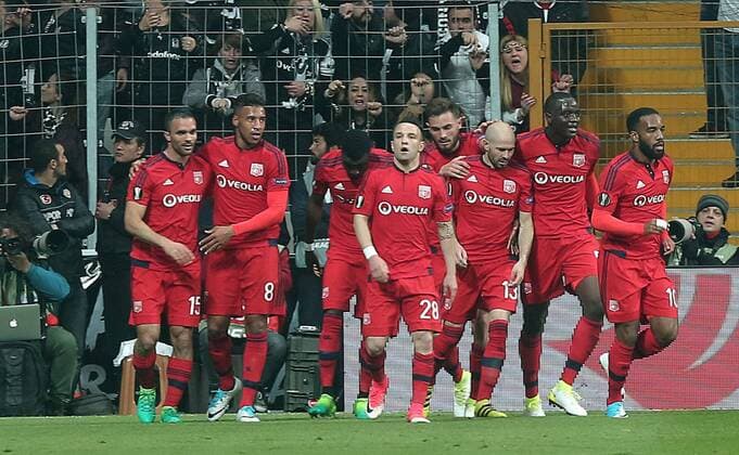 Olympique Lyon s Alexandre Lacazette celebrates his goal with teammates during UEFA Europa League second leg quarter final football match between Besiktas and Olympique Lyon on April 20, 2017, the Vodafone Arena Stadium in Istanbul. (  Copyright: TolgaxAdanali 15675905