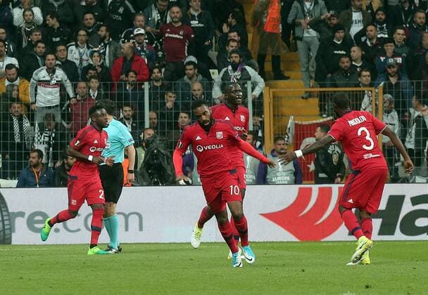 Olympique Lyon s Alexandre Lacazette celebrates his goal with teammates during UEFA Europa League second leg quarter final football match between Besiktas and Olympique Lyon on April 20, 2017, the Vodafone Arena Stadium in Istanbul. (  Copyright: TolgaxAdanali 15675906