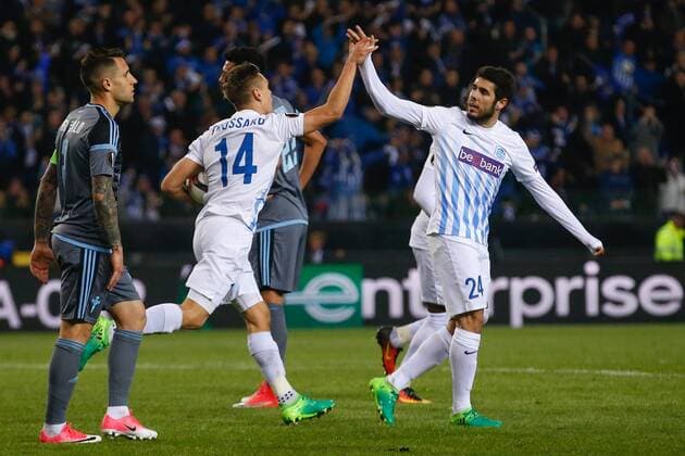 Genk s Leandro Trossard celebrates after scoring during the return leg of quarterfinals in the Europa League competition between Belgian soccer team RC Genk and Spanish team Celta Vigo, Thursday 20 April 2017, in Genk. First leg ended on a 2-3 result in Spain. BRUNOxFAHY  x05084185x