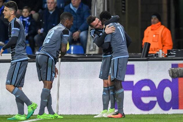 Celta s players celebrate after scoring during the return leg of quarterfinals in the Europa League competition between Belgian soccer team RC Genk and Spanish team Celta Vigo, Thursday 20 April 2017, in Genk. First leg ended on a 2-3 result in Spain. LUCxCLAESSEN  x05084192x