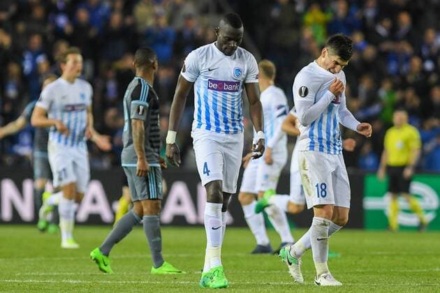 Genk s Omar Colley and Genk s Ruslan Malinovsky pictured during the return leg of quarterfinals in the Europa League competition between Belgian soccer team RC Genk and Spanish team Celta Vigo, Thursday 20 April 2017, in Genk. First leg ended on a 2-3 result in Spain. LUCxCLAESSEN  x05084200x