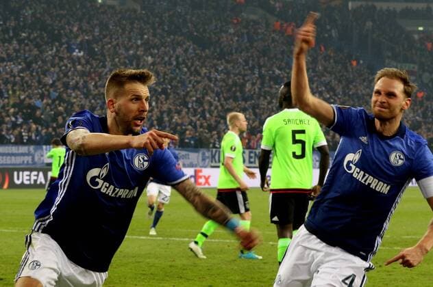 Guido Burgstaller (FC Schalke 04) freut sich über sein Tor zum 2:0 beim Europa League Viertelfinal Rückspiel (Saison 2016 17) FC Schalke 04 - Ajax Amsterdam Copyright: Thomas Pakusch