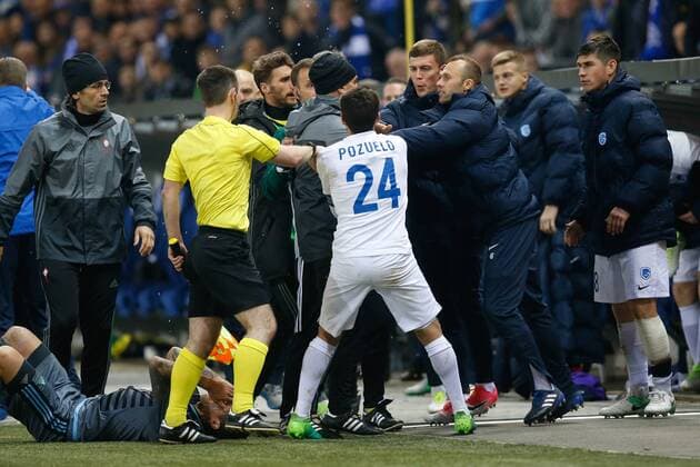 Celta s players Genk s players fight during the return leg of quarterfinals in the Europa League competition between Belgian soccer team RC Genk and Spanish team Celta Vigo, Thursday 20 April 2017, in Genk. First leg ended on a 2-3 result in Spain. BRUNOxFAHY  x05084208x